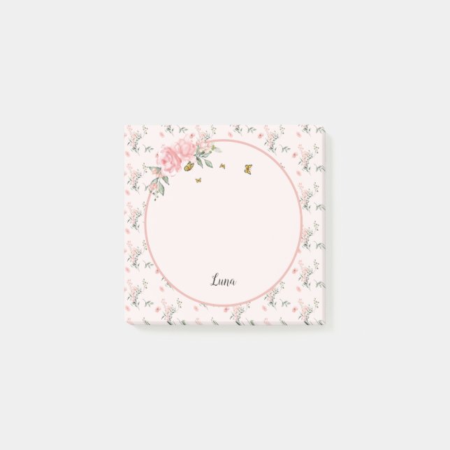 Akvarell Eleganta Rosa Rosor med Fjärilar Post-it Block (Framsida)