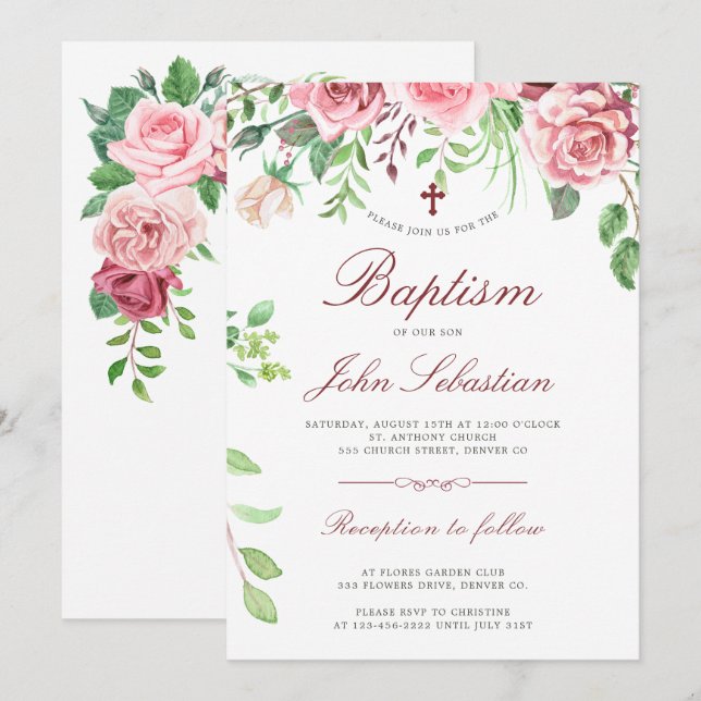 Akvarell Eleganta Rosa Rosor Trädgård Dop Inbjudningar (Fram/baksida)