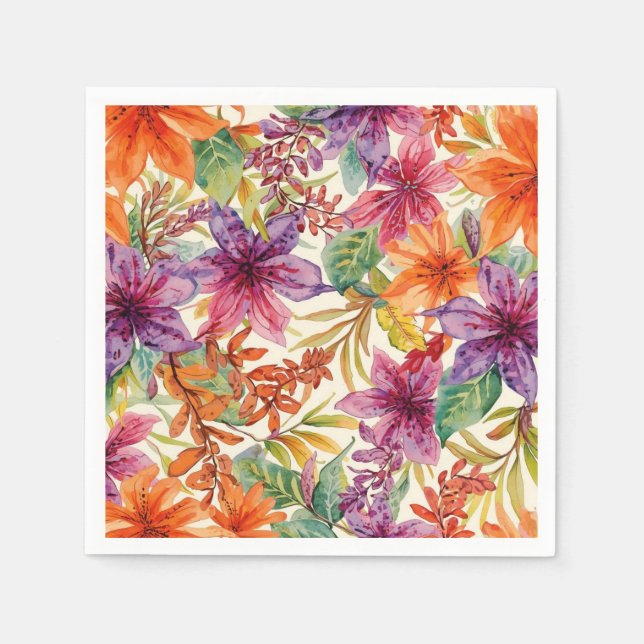 Akvarell Eleganta Sommarblommor Ljus Färger Pappersservett (Framsidan)