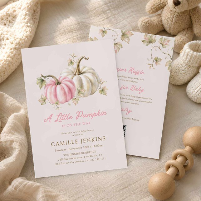 Akvarell En Liten Pumpaflicka Bebisshower  Inbjudningar (Sweet Autumn Pumpkin Baby Shower Invite)