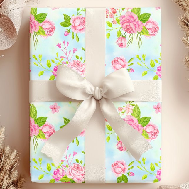 Akvarell engelska rosor Blommig i blått Presentpapper (Skapare uppladdad)