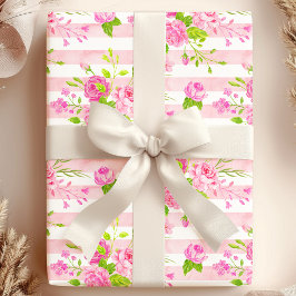 Akvarell Engelska Rosor Rosa Vita Ränder Presentpapper