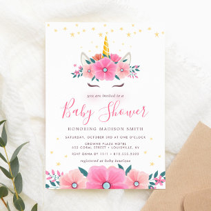 Akvarell Enhörning Ansikte Blommor Stjärnor Baby S Inbjudningar