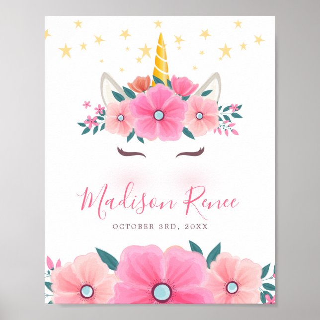 Akvarell Enhörning Ansikte Blommor Stjärnor Bebis Poster (Framsidan)