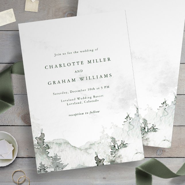 Akvarell Enkel Skog Bröllop Inbjudningar (Green and White - Watercolor Simple Forest Wedding Invitation
)