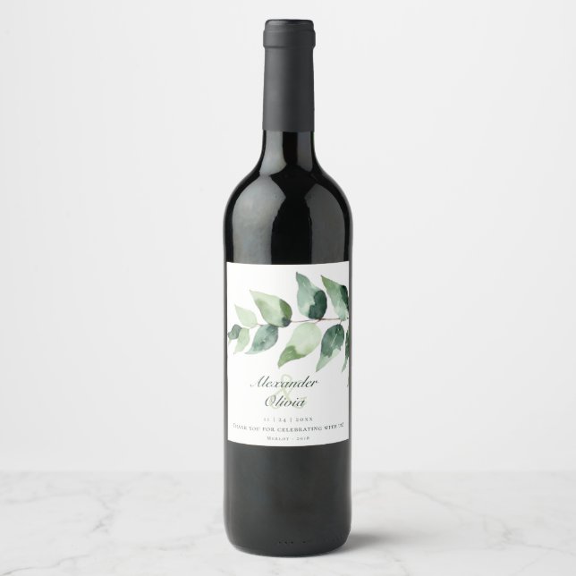 Akvarell Eucalyptus Bröllop | Vit Vinflaska Etikett (Framsida)