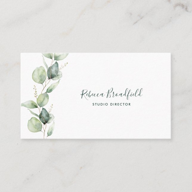 Akvarell Eucalyptus Elegant Skrift Visitkort (Framsida)