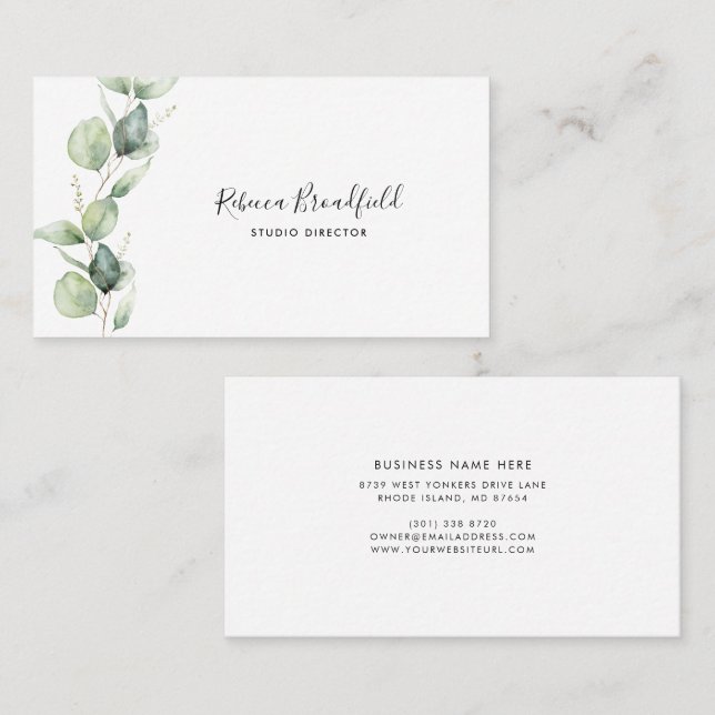 Akvarell Eucalyptus Elegant Skript Salong Visitkort (Fram/baksida)