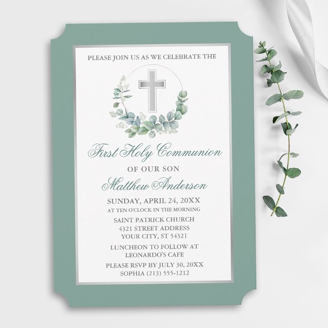 Akvarell Eucalyptus Krans Silver Första Kommunion Inbjudningar (Customize to change text color, text style or color of back of card.)