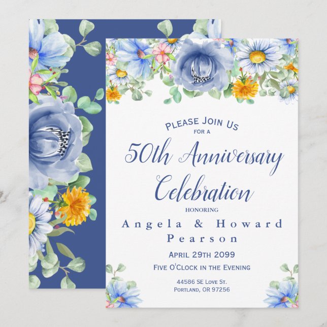 Akvarell Eukalyptus Blommig 50-årsjubileum Inbjudningar (Fram/baksida)