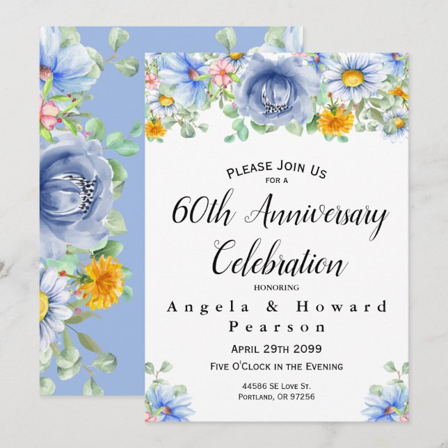 Akvarell Eukalyptus Blommig 60-årsjubileum Inbjudningar (Fram/baksida)