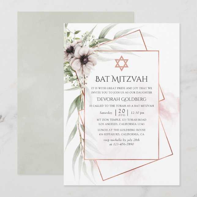 Akvarell Eukalyptus Geometrisk Bat Mitzvah Inbjudningar (Fram/baksida)