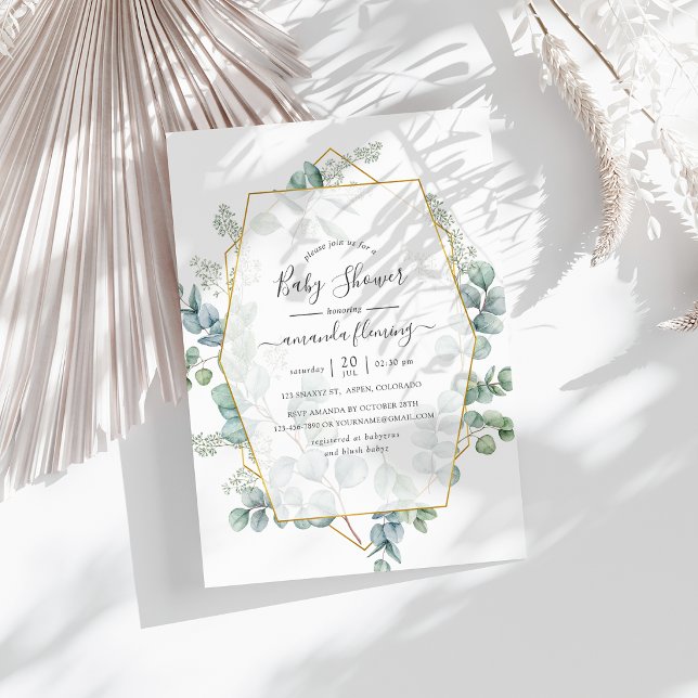 Akvarell Eukalyptus Geometrisk Bebis Badrum Inbjudningar (Watercolor Eucalyptus Geometric Baby Shower Invitation)