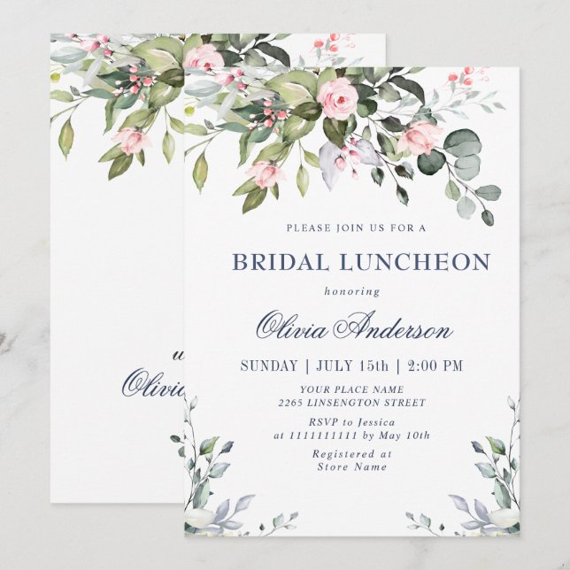 Akvarell Eukalyptus Grönska BRÖLLUPSLUNCH Inbjudningar (Fram/baksida)