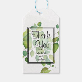 Akvarell eukalyptus grönska gröna bladverk presentetikett