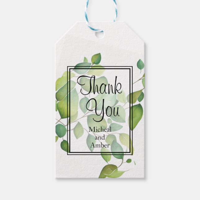 Akvarell eukalyptus grönska grönt lövverk presentetikett (Framsidan)