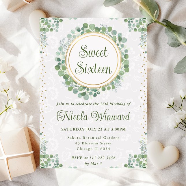 Akvarell Eukalyptus Grönskande Krans Sweet 16 Inbjudningar (Skapare uppladdad)