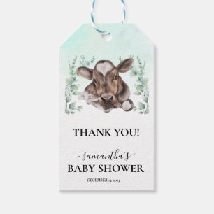 Akvarell Eukalyptus Kalv Gård Ko Bebis Shower Presentetikett