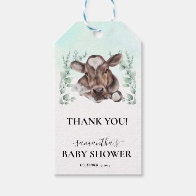 Akvarell Eukalyptus Kalv Gård Ko Bebis Shower Presentetikett (Framsidan)