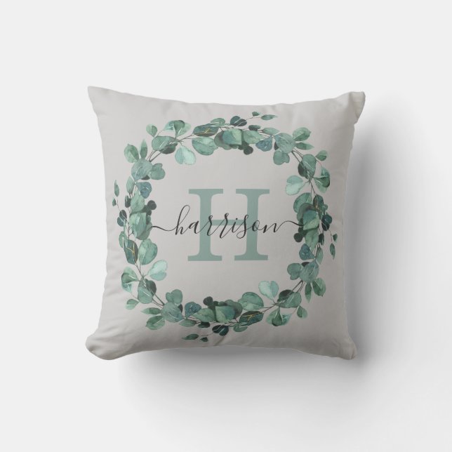 Akvarell Eukalyptus Krans Grönska Monogram Kudde (Framsida)