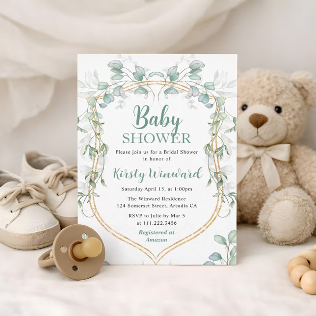 Akvarell Eukalyptus och Guld Ram Baby Shower Inbjudningar (Skapare uppladdad)