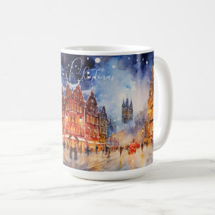 Akvarell Europeiskt Vinterstadslandskap Jul Kaffemugg