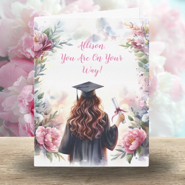 Akvarell Examensflicka Med Peonior  Kort (Peony-perfect success: Bloom into celebration with this vibrant graduate card!)