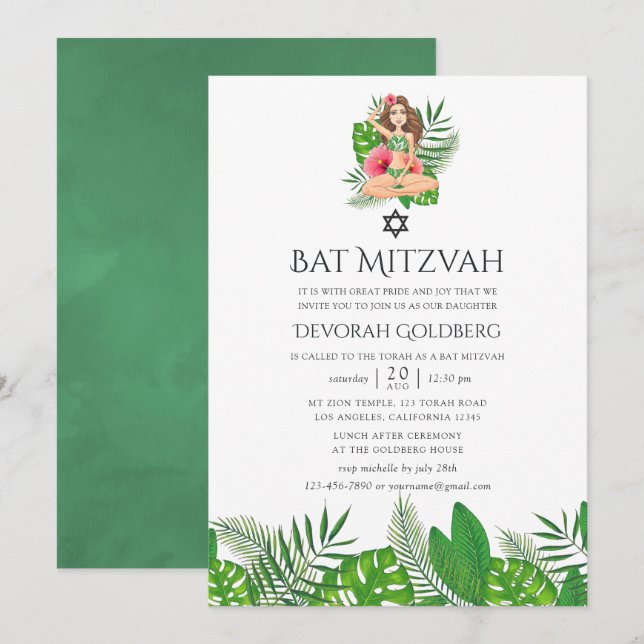 Akvarell Exotisk Aloha Luau Bat Mitzvah Inbjudningar (Fram/baksida)