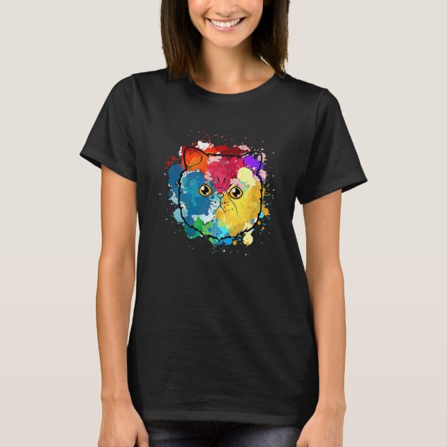 Akvarell Exotisk Korthårig Kattmamma Splat-målning T Shirt (Framsida)