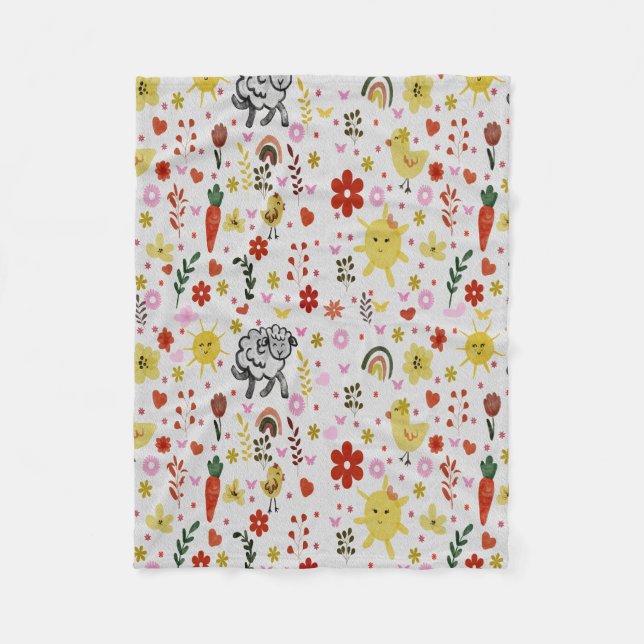 akvarell Får, blommor och solmönster  Fleecefilt (Framsidan)