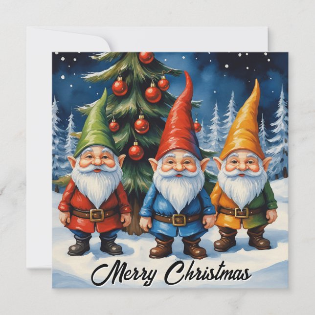 Akvarell Färgglada Jul Tomtar Vinter Skog Julkort (Framsida)