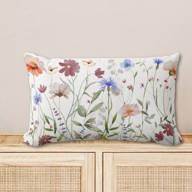 Akvarell Färgrik Äng med Vilda Blommor Lumbarkudde (In situ)