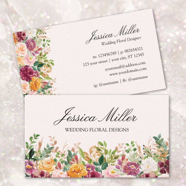 Akvarell Färgrik Ros Blomster Trädgård Floral Visitkort (Front and back side)