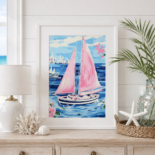 Akvarell Färgrik Rosa Segelbåt Kustnära Blå Poster