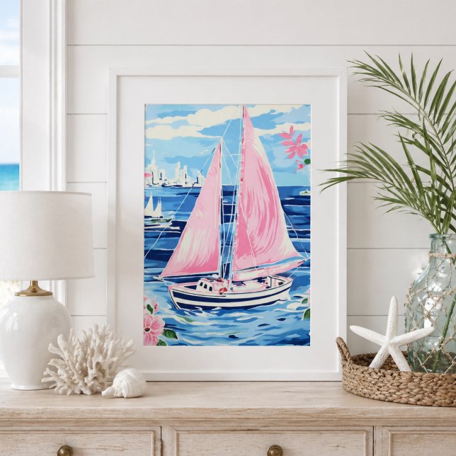 Akvarell Färgrik Rosa Segelbåt Kustnära Blå Poster (Skapare uppladdad)