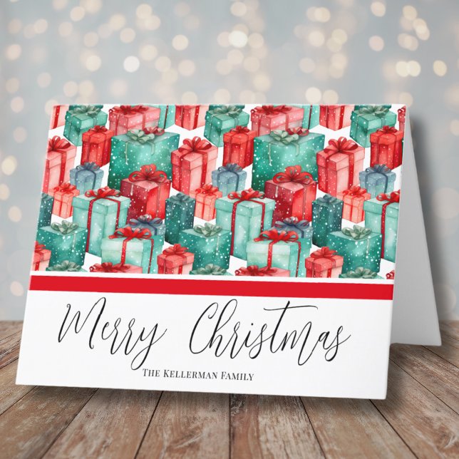 Akvarell Festiv Röda Gröna Jul Helgkort (Watercolor Festive Red Green Presents Christmas Holiday Card )