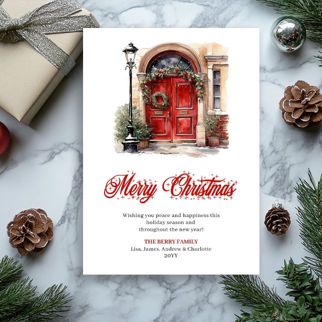 Akvarell festlig röd jul dörrhälsning julkort (Watercolor festive red Christmas door greeting Holiday Card)