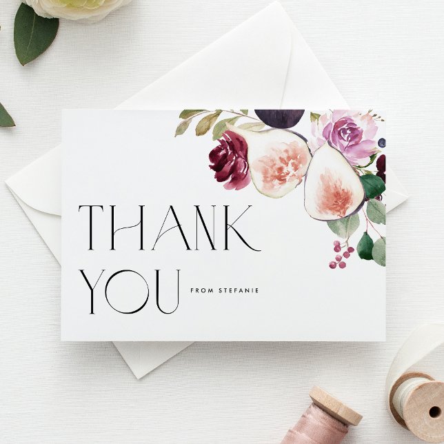 Akvarell Fikon och Burgunderfärgade Blommor Tack Vykort (Botanical thank you postcard featuring watercolor figs, berries & burgundy flowers. For fall events.)