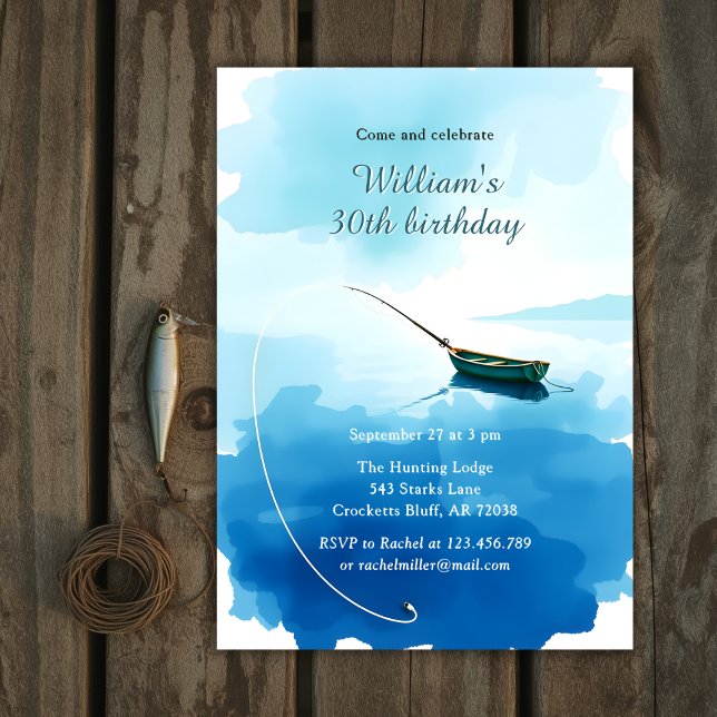 Akvarell Fiskebåt 30-årsfest Inbjudningar (Fishing Boat Birthday Invitation for Men – Watercolor 30th Birthday Party Invite)