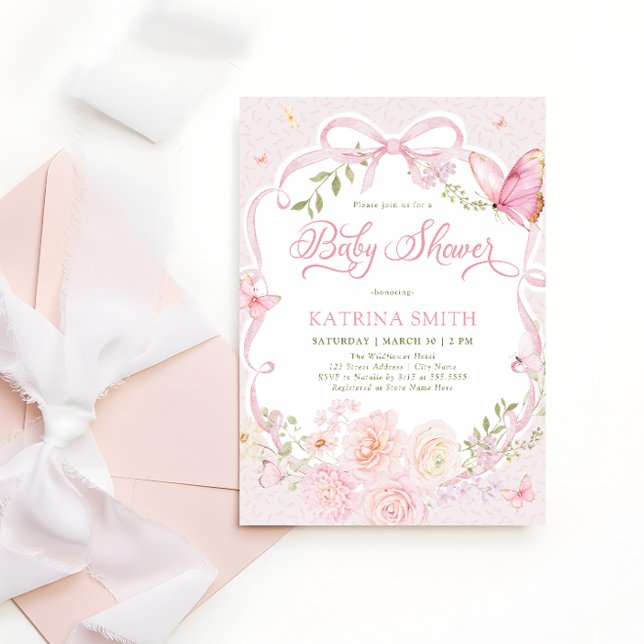 Akvarell Fjäril Baby Shower Flicka Rosa Blomma Inbjudningar (Skapare uppladdad)