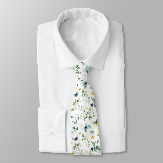 Akvarell Fjäril Blommönster i Mjukt Gult Slips (Bunden)