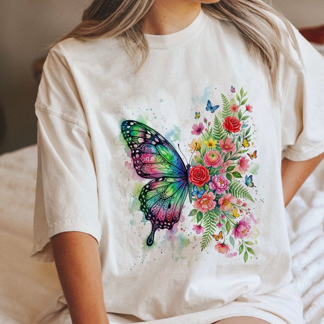 Akvarell Fjäril & Blommor T Shirt (Skapare uppladdad)