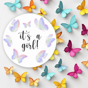 Akvarell Fjäril Det är en tjej Baby Shower Runt Klistermärke