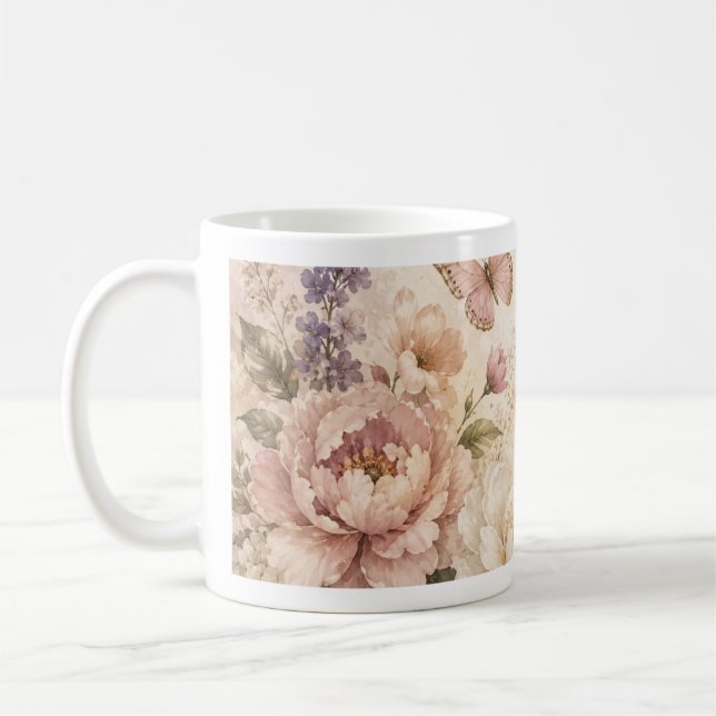 Akvarell fjäril och blomkruksmugg kaffemugg (Vänster)