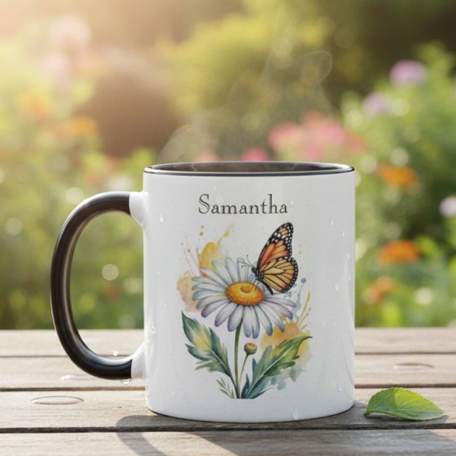 Akvarell Fjäril på Tusenskönas Blomma Mugg (Monarch butterfly and daisy personalized coffee mug)