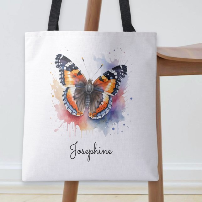 Akvarell Fjäril Röd Amiral Anpassat Namn  Tygkasse (A tote bag with red admiral butterfly picture in a watercolor style and personalized name)