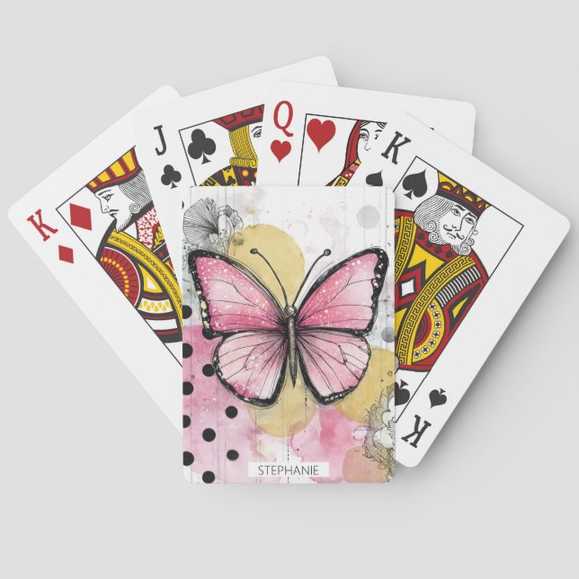 Akvarell Fjäril Rosa Boho Natur Konst Casinokort (Baksidan)