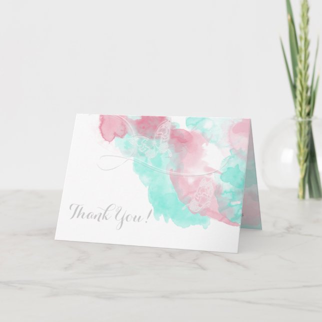 Akvarell Fjäril Rosa Bröllop Tack Kort (Framsida)