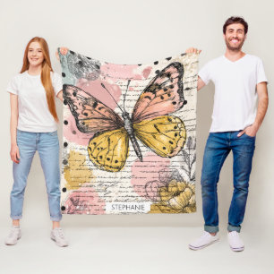 Akvarell Fjäril Rosa Guld Boho Natur Konst (3) Fleecefilt