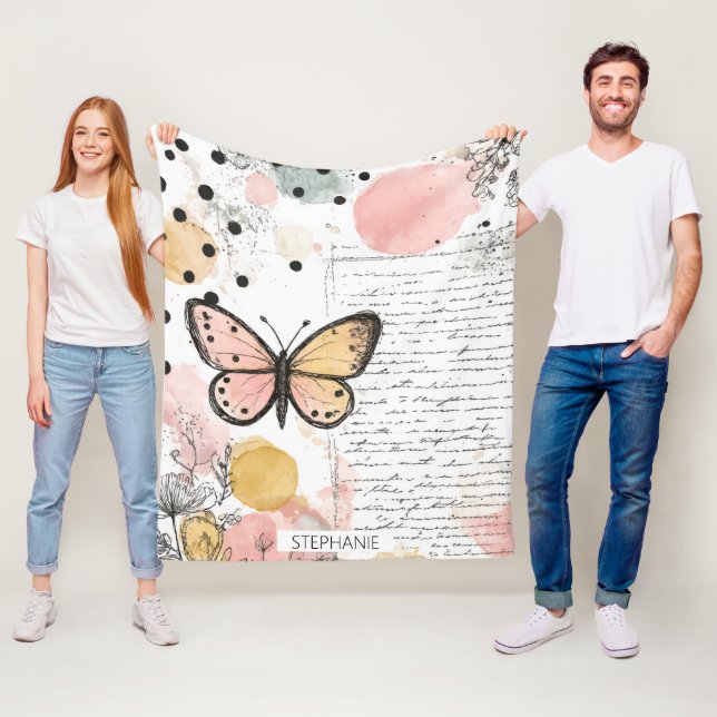 Akvarell Fjäril Rosa Guld Boho Naturkonst (1) Fleecefilt (På plats)